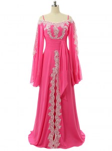 Spaghetti Straps Long Sleeves Prom Party Dress Sweep Train Lace and Sequins Hot Pink Chiffon