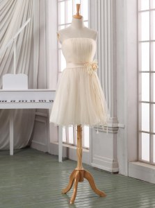 Elegant Strapless Sleeveless Prom Gown Knee Length Belt and Hand Made Flower White and Champagne Tulle