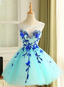Blue Ball Gowns Scoop Sleeveless Organza Mini Length Zipper Beading and Appliques Prom Party Dress