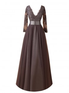 Floor Length Brown Dress for Prom Organza Long Sleeves Lace