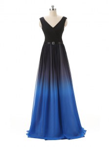 Sumptuous Blue And Black A-line V-neck Sleeveless Chiffon and Tulle Floor Length Zipper Belt Prom Dress
