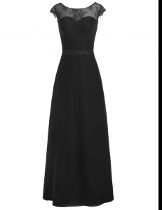 Scoop Black A-line Appliques Dress for Prom Zipper Chiffon Cap Sleeves Floor Length