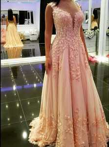Peach Backless V-neck Appliques Prom Evening Gown Tulle Sleeveless