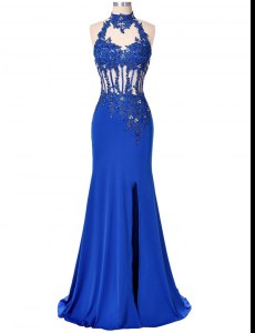 Glittering High-neck Sleeveless Backless Prom Evening Gown Royal Blue Elastic Woven Satin
