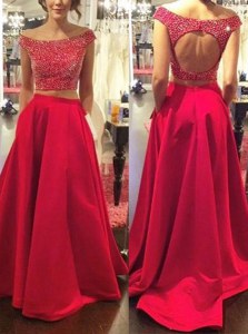Off the Shoulder Beading Prom Party Dress Red Backless Sleeveless With Train Sweep Train