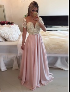 High Quality Floor Length Pink Prom Dresses Scoop Short Sleeves Zipper