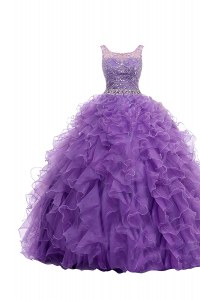 Purple Zipper Straps Beading and Belt Prom Party Dress Organza Sleeveless Sweep Train