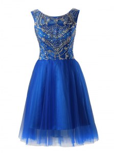 Glamorous Royal Blue Tulle Zipper Scoop Sleeveless Mini Length Prom Party Dress Beading