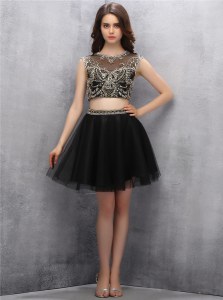 Admirable Black A-line Scoop Sleeveless Tulle Mini Length Zipper Beading Prom Dress