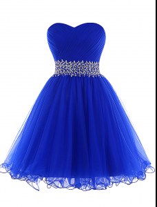 Royal Blue A-line Sweetheart Sleeveless Tulle Mini Length Lace Up Beading Dress for Prom