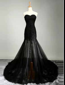 Best Mermaid Black Sweetheart Neckline Lace Dress for Prom Sleeveless Zipper