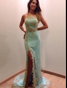 Scoop Lace Sleeveless Beading Zipper Homecoming Dress with Turquoise Brush Train