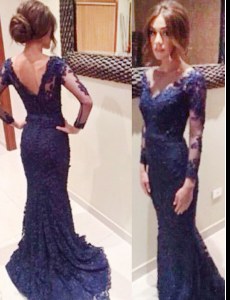 Navy Blue Mermaid Lace V-neck Long Sleeves Lace Backless Prom Dresses Court Train