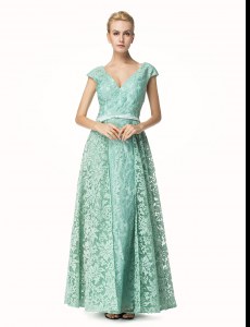 Most Popular Pleated Turquoise Cap Sleeves Lace Zipper Dress for Prom for Prom and Party