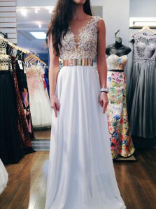 Backless White Sleeveless Beading Floor Length Dress for Prom