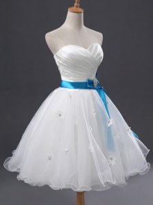 Perfect Mini Length White Homecoming Dress Organza Sleeveless Appliques and Sashes ribbons and Ruching
