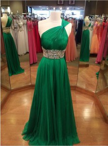 One Shoulder With Train Backless Dress for Prom Green for Prom and Party with Beading Brush Train