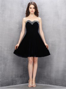 Free and Easy Black A-line Beading Prom Dresses Zipper Satin Sleeveless Knee Length