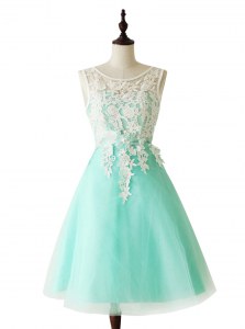 Scoop Apple Green Sleeveless Knee Length Appliques and Sashes ribbons Zipper Dress for Prom