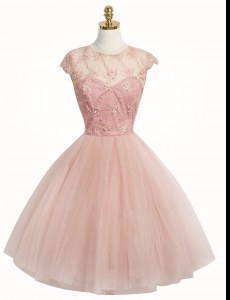 Custom Fit Scoop Cap Sleeves Tulle Knee Length Zipper Evening Dress in Pink with Appliques