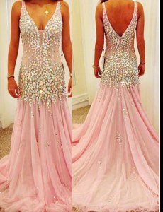 Pink Mermaid Beading Prom Dresses Zipper Tulle Sleeveless