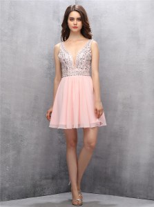 Traditional Sleeveless Chiffon Knee Length Zipper Evening Dress in Baby Pink with Beading