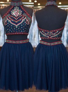 Enchanting Navy Blue High-neck Zipper Embroidery Evening Dress Sleeveless