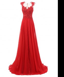 Red Chiffon Zipper V-neck Sleeveless With Train Prom Evening Gown Brush Train Appliques