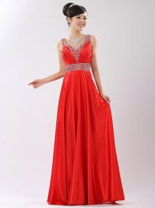 Coral Red Prom and Party and For with Beading V-neck Sleeveless Zipper
