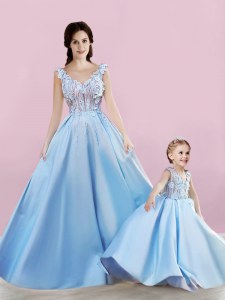 Enchanting Baby Blue Sleeveless Floor Length Appliques Lace Up Prom Evening Gown