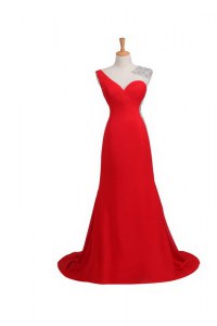 Beautiful One Shoulder Coral Red Sleeveless Beading Backless Evening Party Dresses