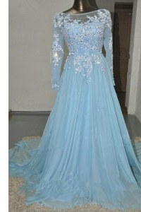 Vintage Baby Blue Evening Dress Prom and Party and For with Appliques and Belt Bateau Long Sleeves Court Train Zipper