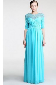 Scoop Floor Length Zipper Homecoming Dress Aqua Blue for Prom and Party with Beading and Ruching