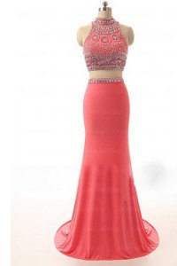 Watermelon Red Backless Cocktail Dresses Beading and Appliques and Belt Sleeveless Brush Train