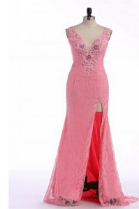 Best Selling Rose Pink V-neck Neckline Lace and Appliques Evening Outfits Sleeveless Backless
