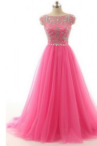 Lace Bateau Short Sleeves Zipper Beading Prom Gown in Hot Pink