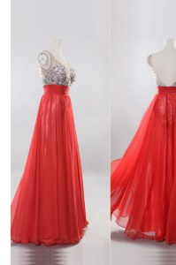 Cute Coral Red Column/Sheath Chiffon V-neck Sleeveless Beading Floor Length Zipper Prom Gown
