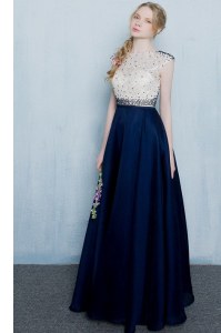 Scoop Floor Length Zipper Prom Dress Navy Blue for Prom and Party with Beading and Ruching