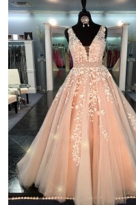 Elegant Lace Evening Gowns Peach Zipper Sleeveless Floor Length