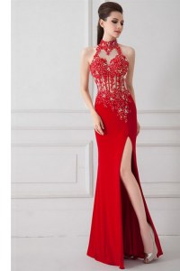 Trendy Red Zipper High-neck Beading and Appliques Prom Evening Gown Silk Like Satin Sleeveless