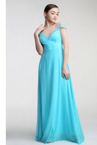 Fitting Floor Length Aqua Blue Prom Gown Scoop Short Sleeves Zipper