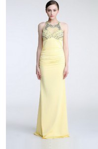 Scoop Floor Length Criss Cross Evening Gowns Light Yellow for Prom and Party with Beading and Ruching