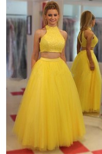 Yellow Chiffon Zipper Prom Party Dress Sleeveless Floor Length Sequins