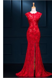Mermaid Scoop Red Lace Zipper Formal Dresses Sleeveless Floor Length Lace