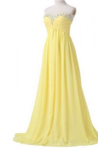 Brush Train Column/Sheath Prom Dress Light Yellow Sweetheart Chiffon Sleeveless With Train Lace Up