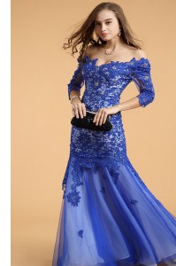 Mermaid Lace Royal Blue Dress for Prom Prom and Party and For with Beading Off The Shoulder Sleeveless Zipper
