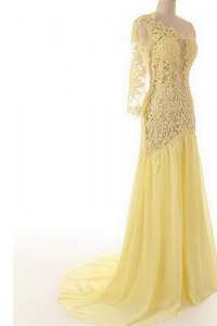 Light Yellow One Shoulder Side Zipper Lace Dress for Prom Sweep Train 3 4 Length Sleeve