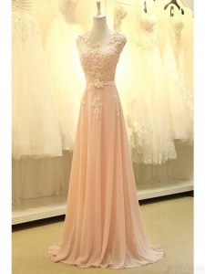 Scoop Sleeveless Appliques and Belt Zipper Evening Dress with Peach Sweep Train