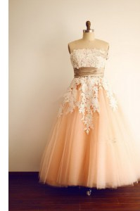 Peach Homecoming Dress Prom and Party and For with Lace and Appliques and Belt Strapless Sleeveless Zipper