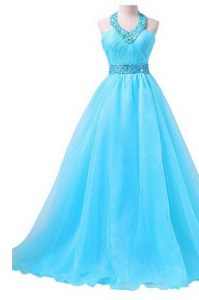 Floor Length Aqua Blue Evening Party Dresses Halter Top Sleeveless Lace Up